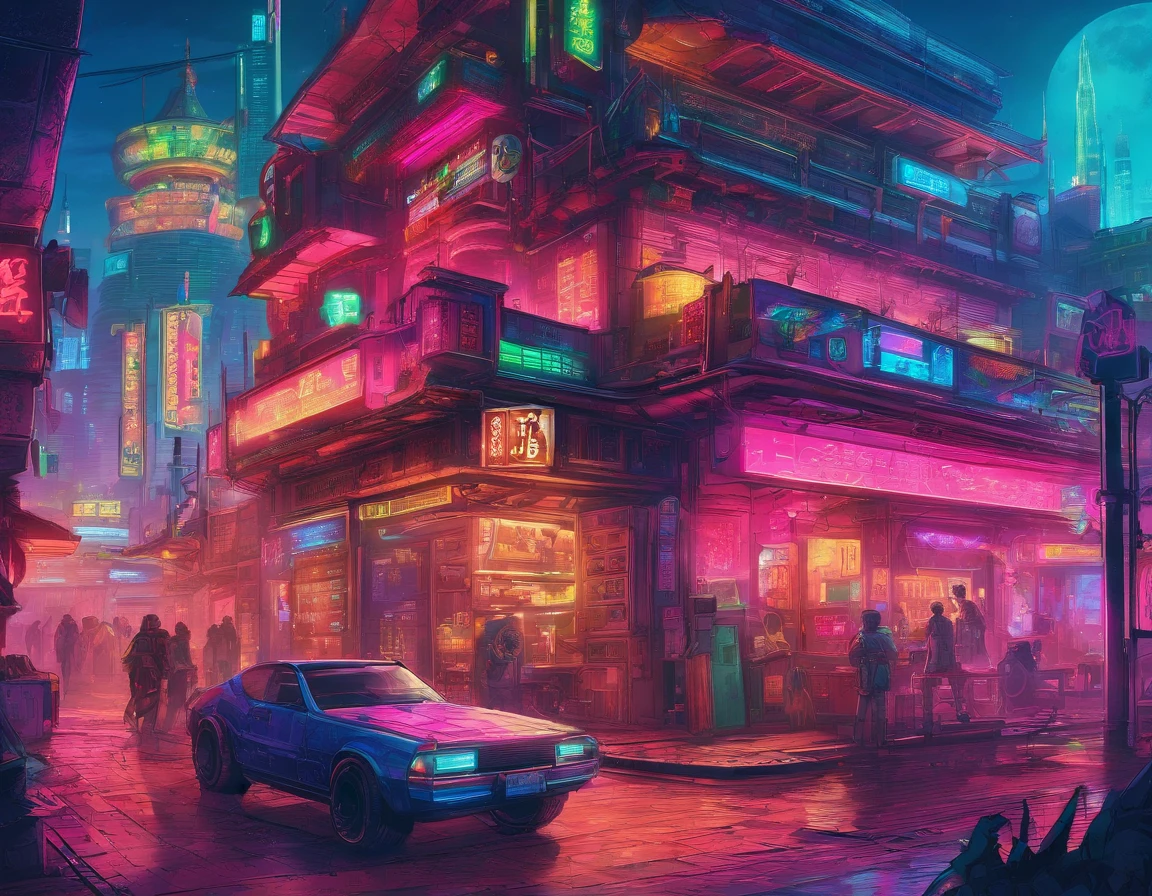 Massive cyberpunk medieval ancient architecture, Towering spires and holographic billboards Chinese illuminate the night sky.Resident Evil,Lots of ghosts,themoon,high-class,extremely colorful