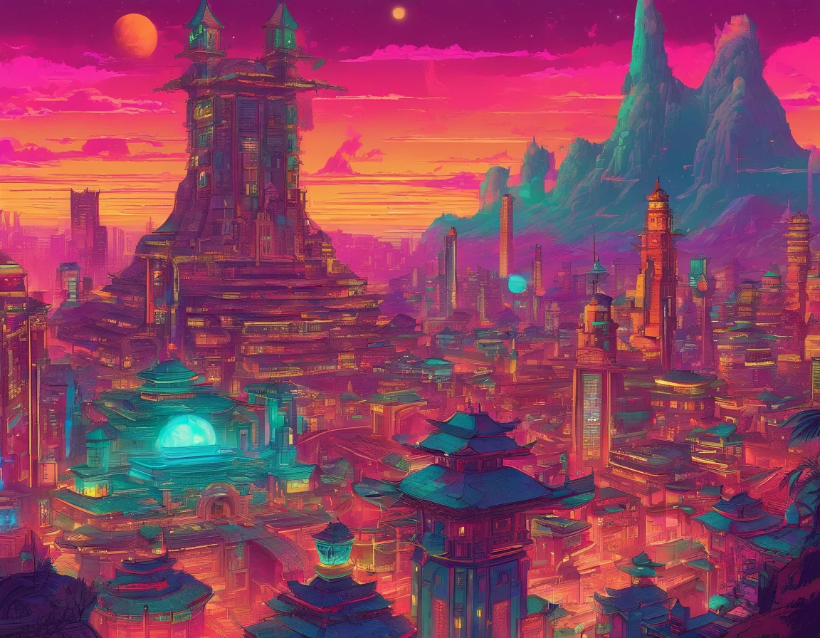 Massive cyberpunk medieval ancient architecture, Towering spires and holographic billboards Chinese illuminate the night sky.Resident Evil,Lots of ghosts,themoon,high-class,extremely colorful