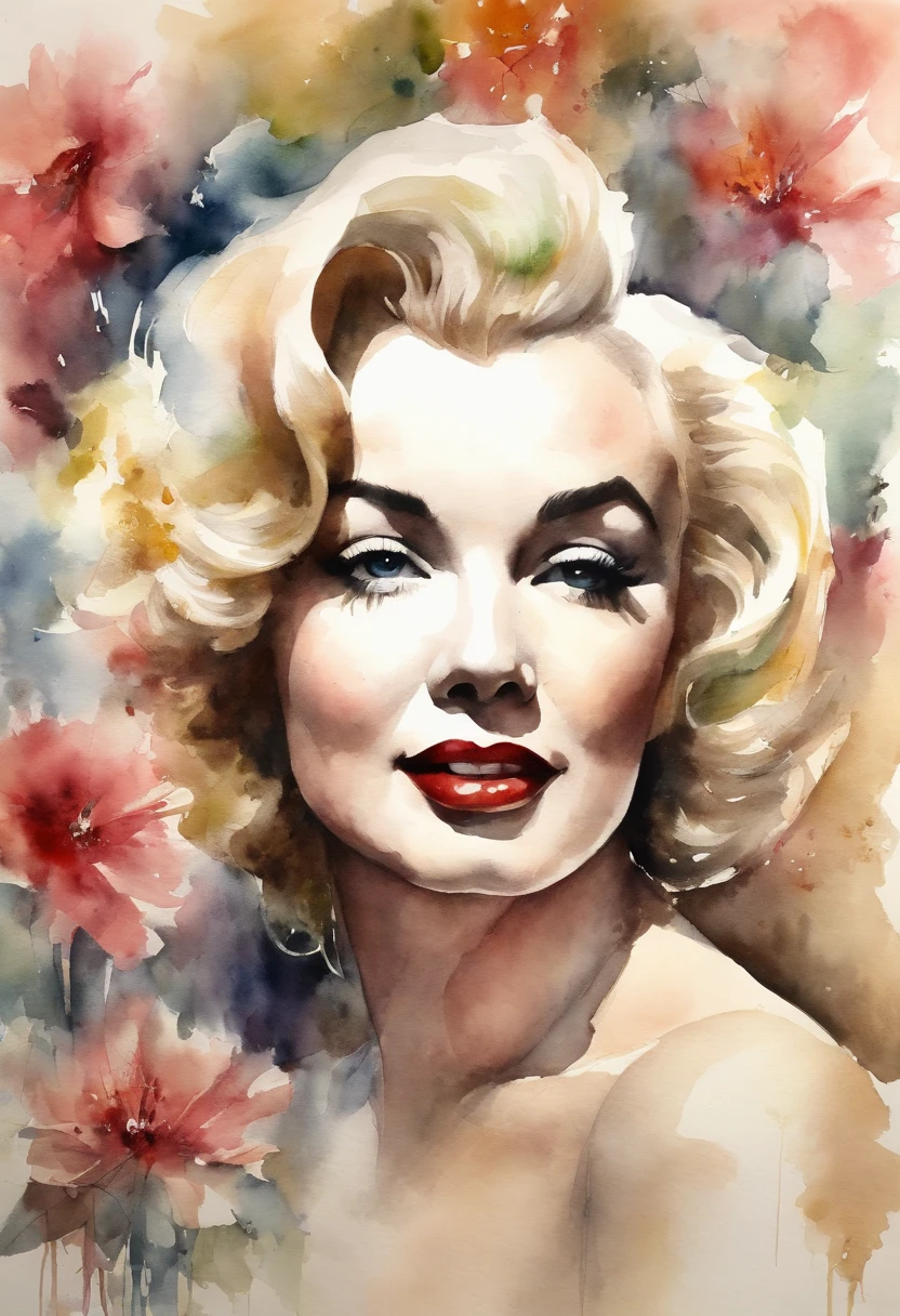 watercolor color portrait of Marilyn Monroe, 20 years old lady with calm look and sexy appearance. detailed face, looking to viewer, Flower arrangement ...