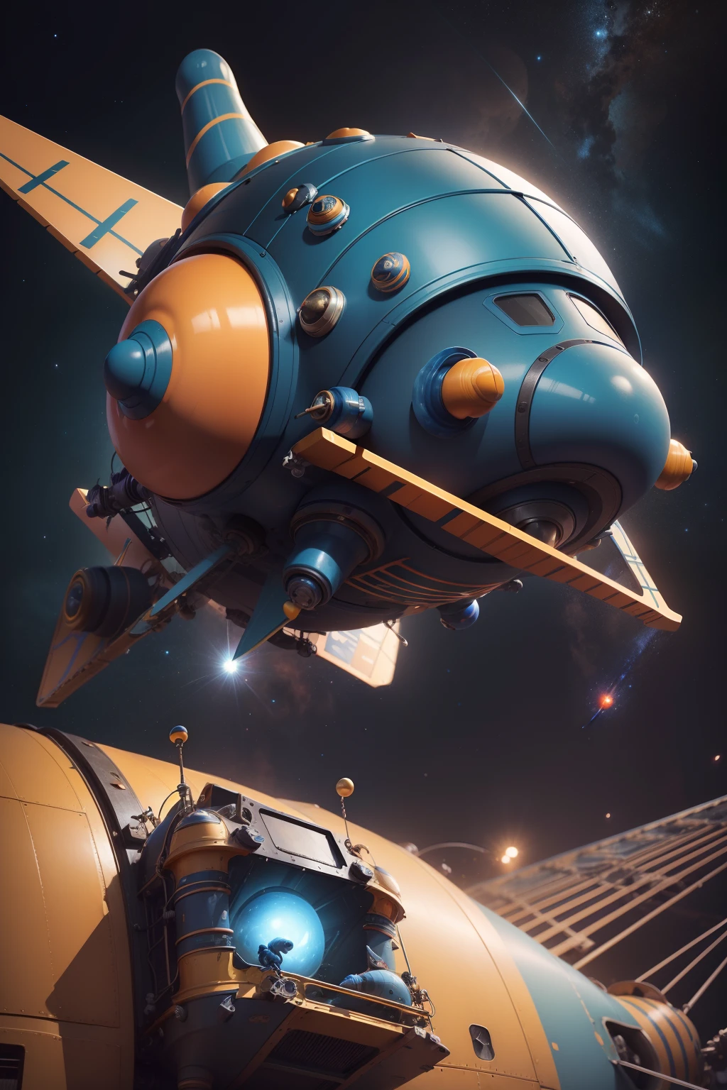 Funny dark blue space mechanical snail, wearing an orange helmet, and a space bee with green hair, exaggerated laughter, flying on a six-wheel mechanism of a strange vintage design. Cartoon style. 3D rendering. super-realistic, cinematic, close-up, center composition, pure black-blue-red space background, best quality, 4K, facial details