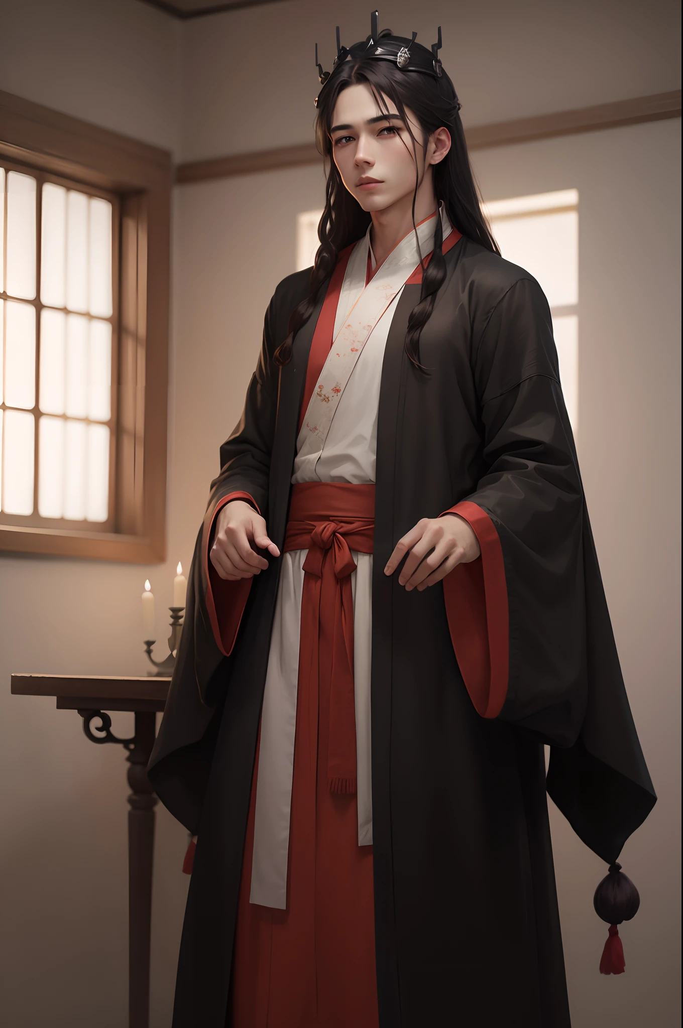 Handsome young man dressed in Hanfu in a dark room,Long hair,Hair crown,Black and red clothing,Grim,frontage,Expensive