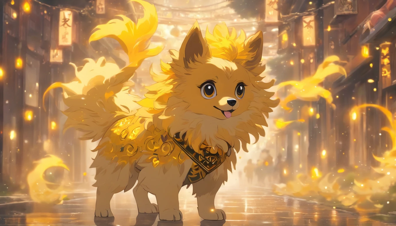 Zodiac dog Furry yellow dog, ,Big eyes, Wear festive attire, Standing on the side of the street, Ancient style, Artistic touch，Snes painting