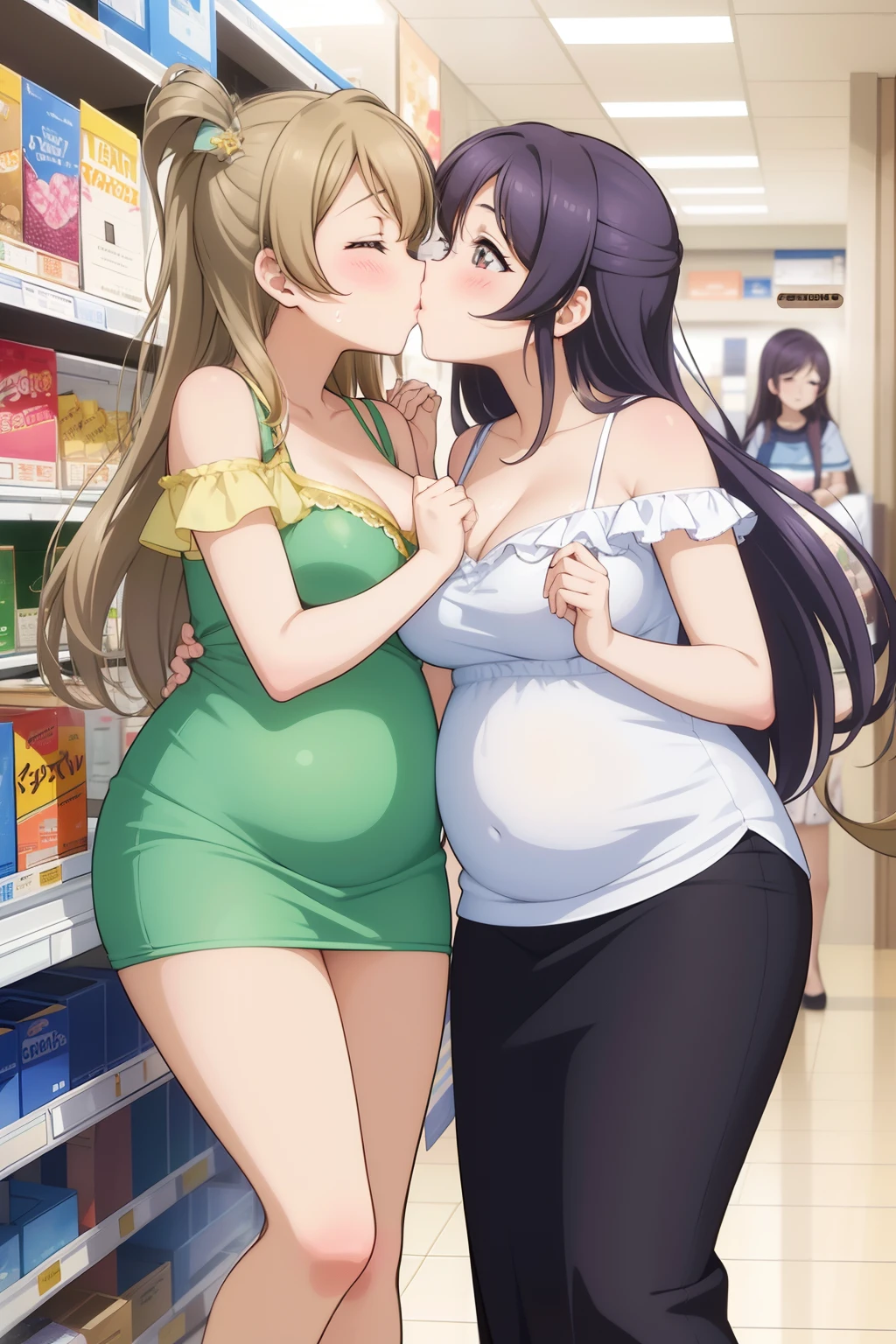 2girls, holding hands,kiss,Minami kotori, toujo nozomi, curvy body, (pregnant:0.9),big breasts,off shoulder dress, pencil skirt ,standing, llchar,cleavage, in supermarket, embarrassed, blushing, sweating