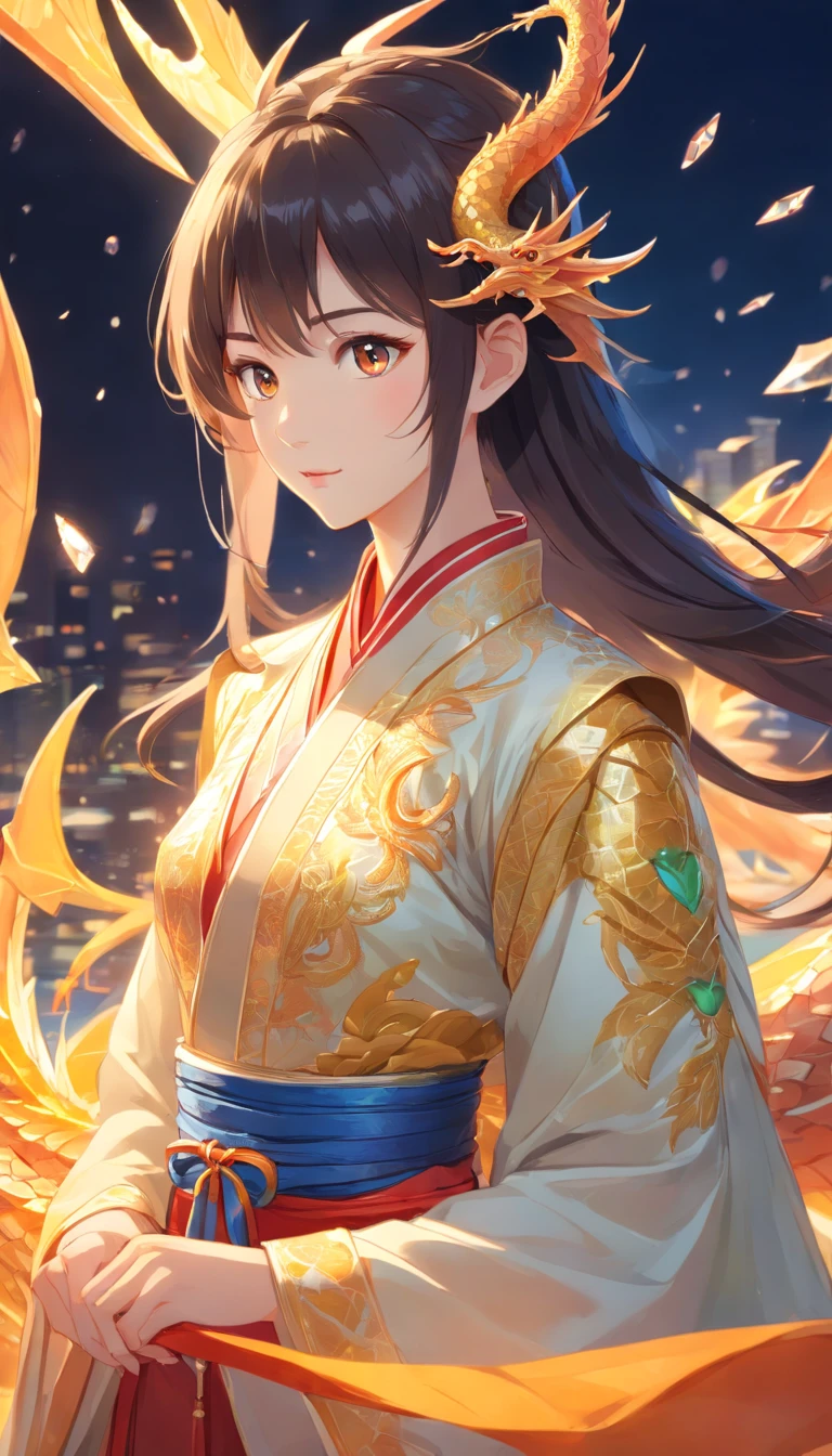 Stunning Chinese Hanfu wedding cape,Crystal translucent dragon embroidery. Dragons shine like diamonds. The Dragon comes back to life,Drag a two-meter skirt. It's beautiful, noble, Golden, Magic, Octane Rendering, Surreal, Bright background,Horned Dragon,pterosaur