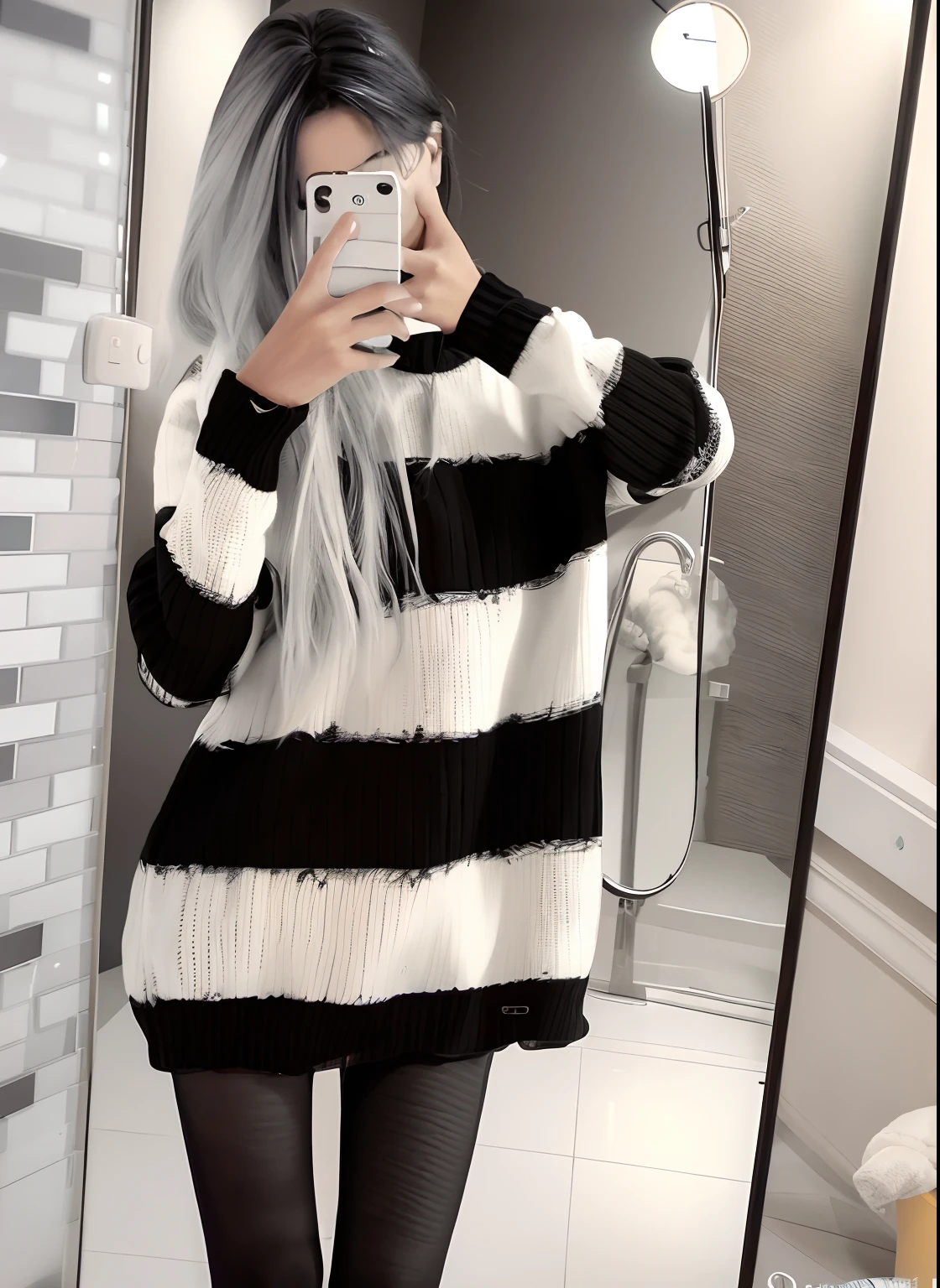 arafed woman taking a selfie in a bathroom mirror, striped sweater, ( ivory black ), wearing sweater, Black and white clothes, ulzzangs, wearing sweater, 2263539546], Sweater, 8K)), 🪔 🎨;🌞🌄, 4 k'' ], 4K], streaked, Black and white color
