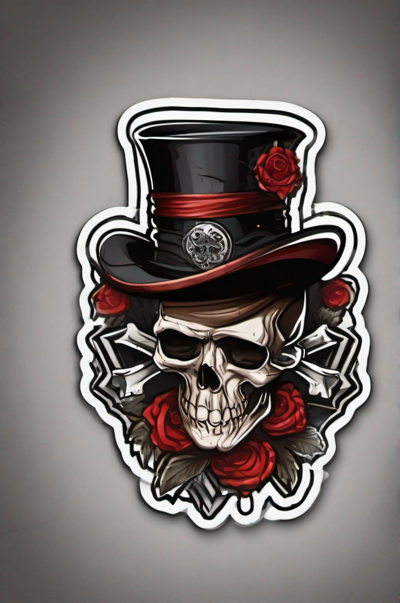 a skull with a black top hat, red ribbon with a skull design in the center, sticker, white strocker, digital art