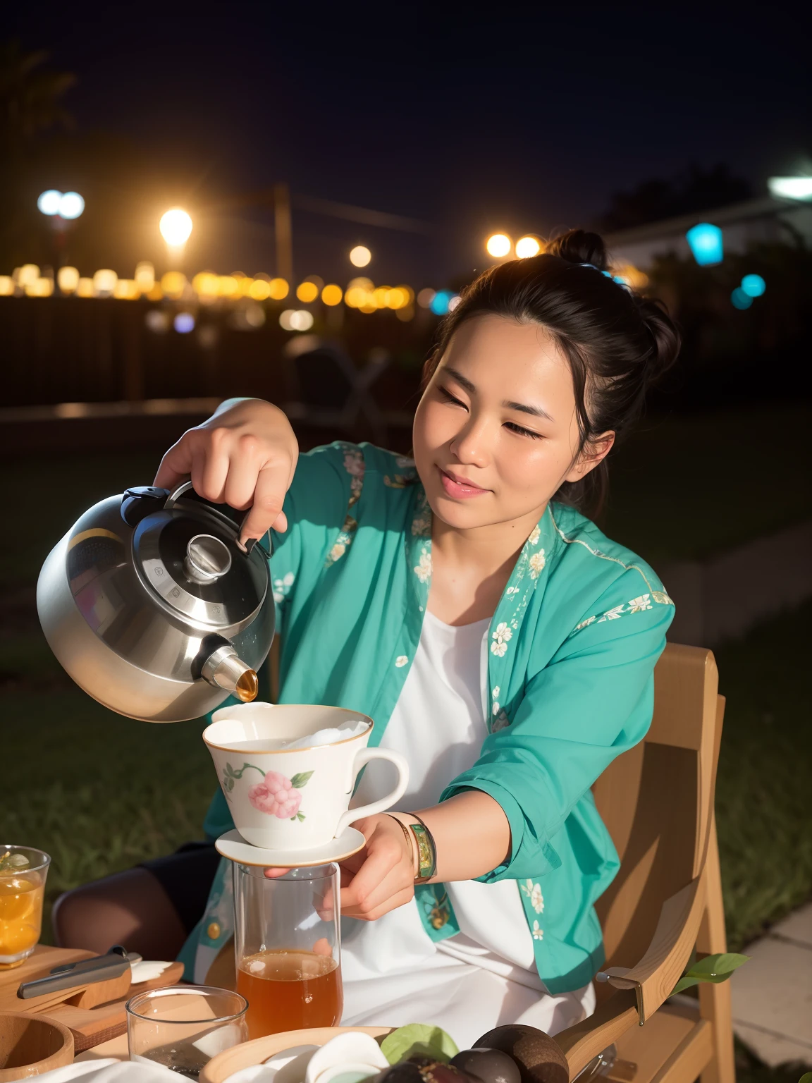 woman pouring tea into a cup on a lawn chair, drink, taken with canon eos 5 d mark iv, night time, shot with canon eoa 6 d mark ii, nighttime, at night, 8k 50mm iso 10, vietnamese woman, profile picture, tea drinking and paper lanterns, taken with canon 5d mk4, taken with canon 8 0 d