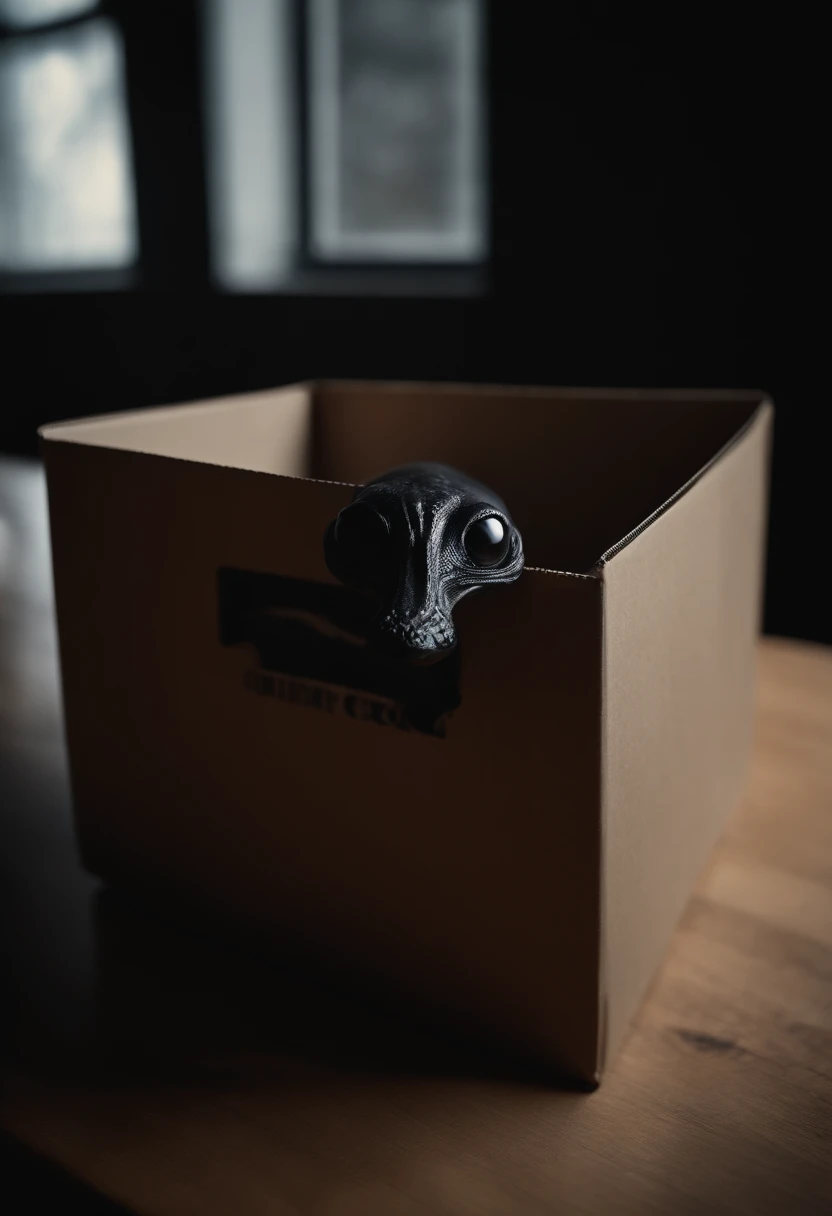 POV direct front camera, a carton box opened on the table front view, black big tgeoduck head out from the box, horror