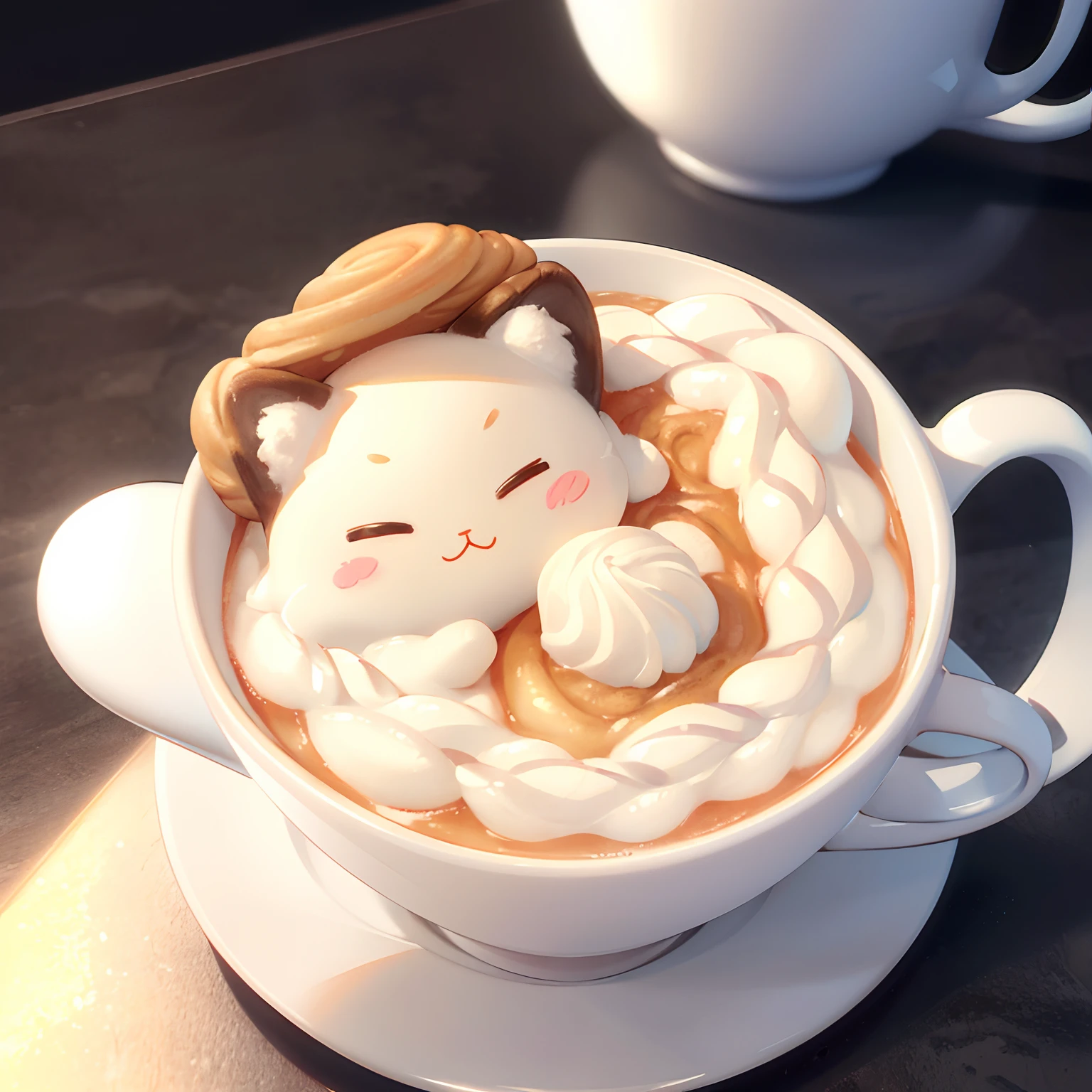 (Latte art with three-dimensional undulations):2, (Magnet's World:1.4), Frothy milk in a cup, 。.3D, A cute cat with three-dimensional undulations is drawn, cute kawaii, Close-up of the cup, marron marron, Foam of fluffy milk, Puff pastry as fluffy as a cloud, (Masterpiece), Cinematic rendering, Sharp focus, Photorealistic, Realistic,