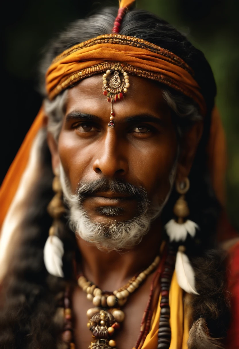 sparks, glossy, dust particles , 3D look, sunshine, feathers, HD, flowers,Glowing hair, glossy eyes,((ultra realistic:1.8)),((Best quality)), ((Masterpiece)),((Detailed)),RAW, (Upper body:1.3),"A person resembling an Indian bhagat, tribal priest, babaji, monk, adivasi with a beard, adivasi, aboriginal, he looks like mixers of australoid and negro race, indian aboriginal, indian, he has captured in a medium shot."