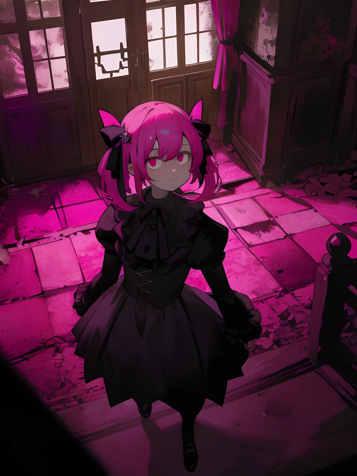 ​masterpiece, top-quality, 1girl in, The upper part of the body,number of people: 1 persons、Dressed in pink goth lolly、 action: Time to stand in a mansion shrouded in darkness: Midnight Place: Room in the situation of a creepy old mansion: Momentary worldview of fear of mysterious events: Older、Camera angles in abandoned houses: Angle from above
