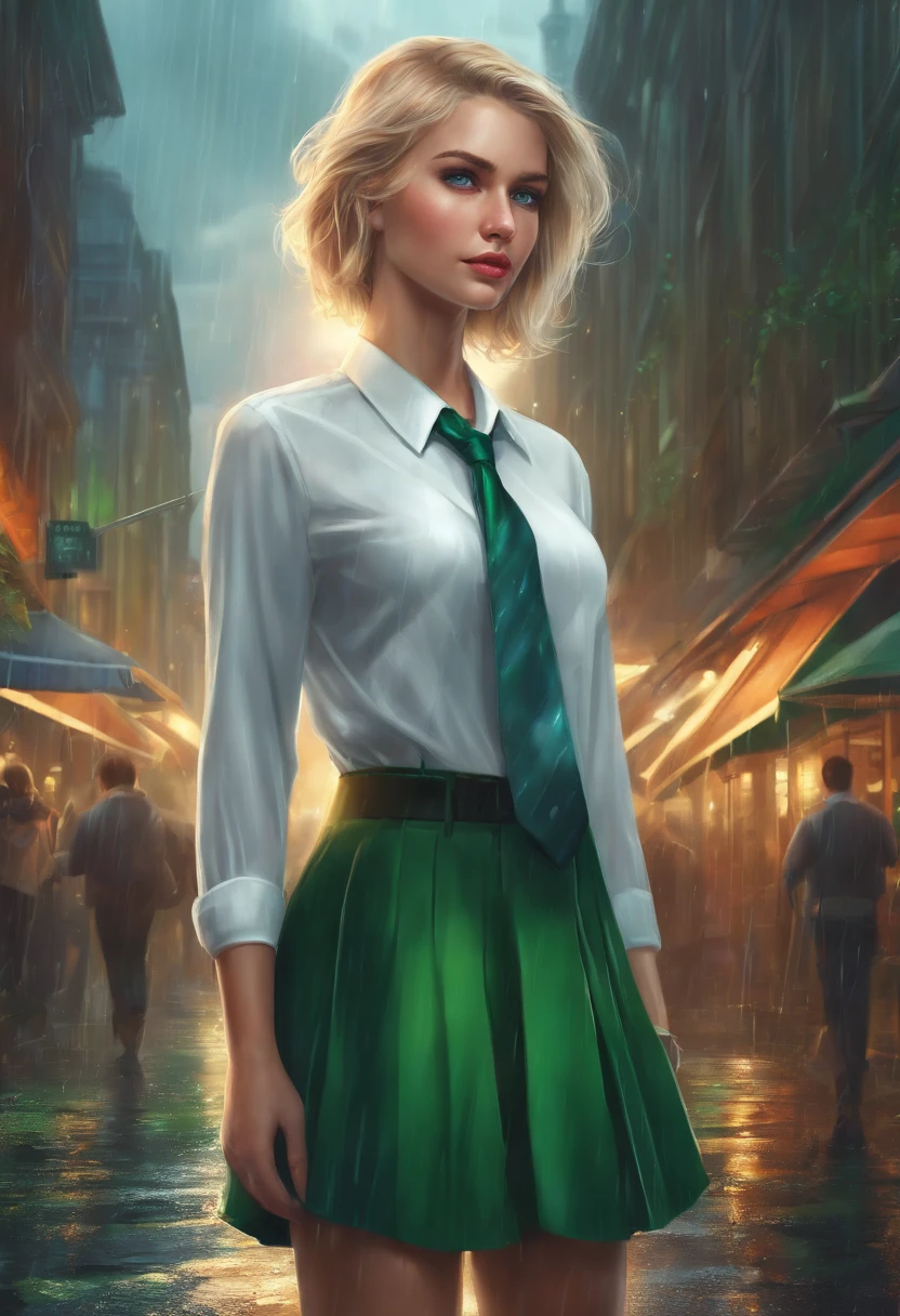 1girl, blond hair, short hair, blue eyes, white shirt, green tie, green skirt, city, rain, detailed background