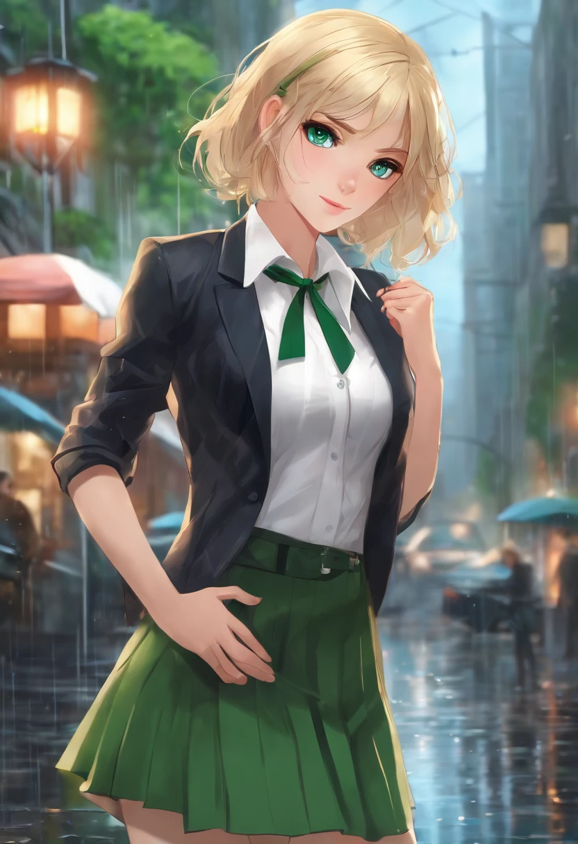 1girl, blond hair, short hair, blue eyes, white shirt, green tie, green skirt, city, rain, detailed background