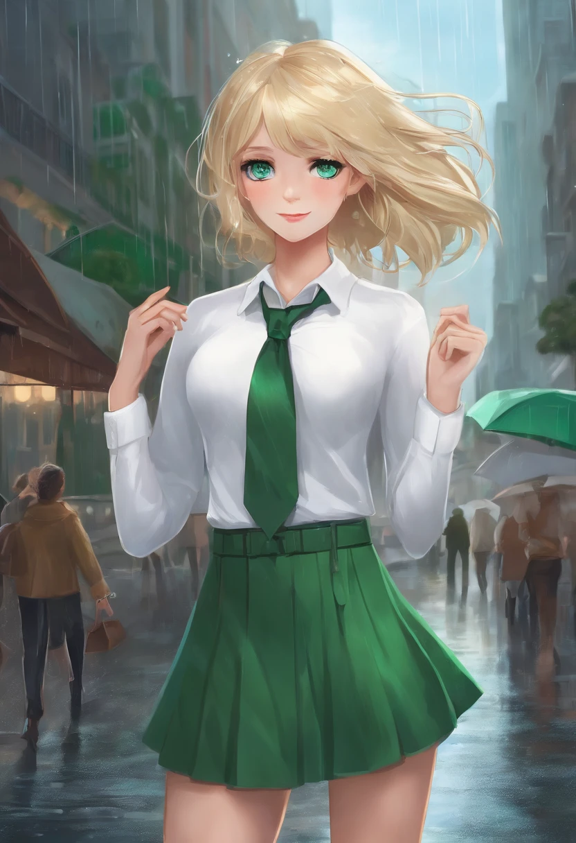 1girl, blond hair, short hair, blue eyes, white shirt, green tie, green skirt, city, rain, detailed background