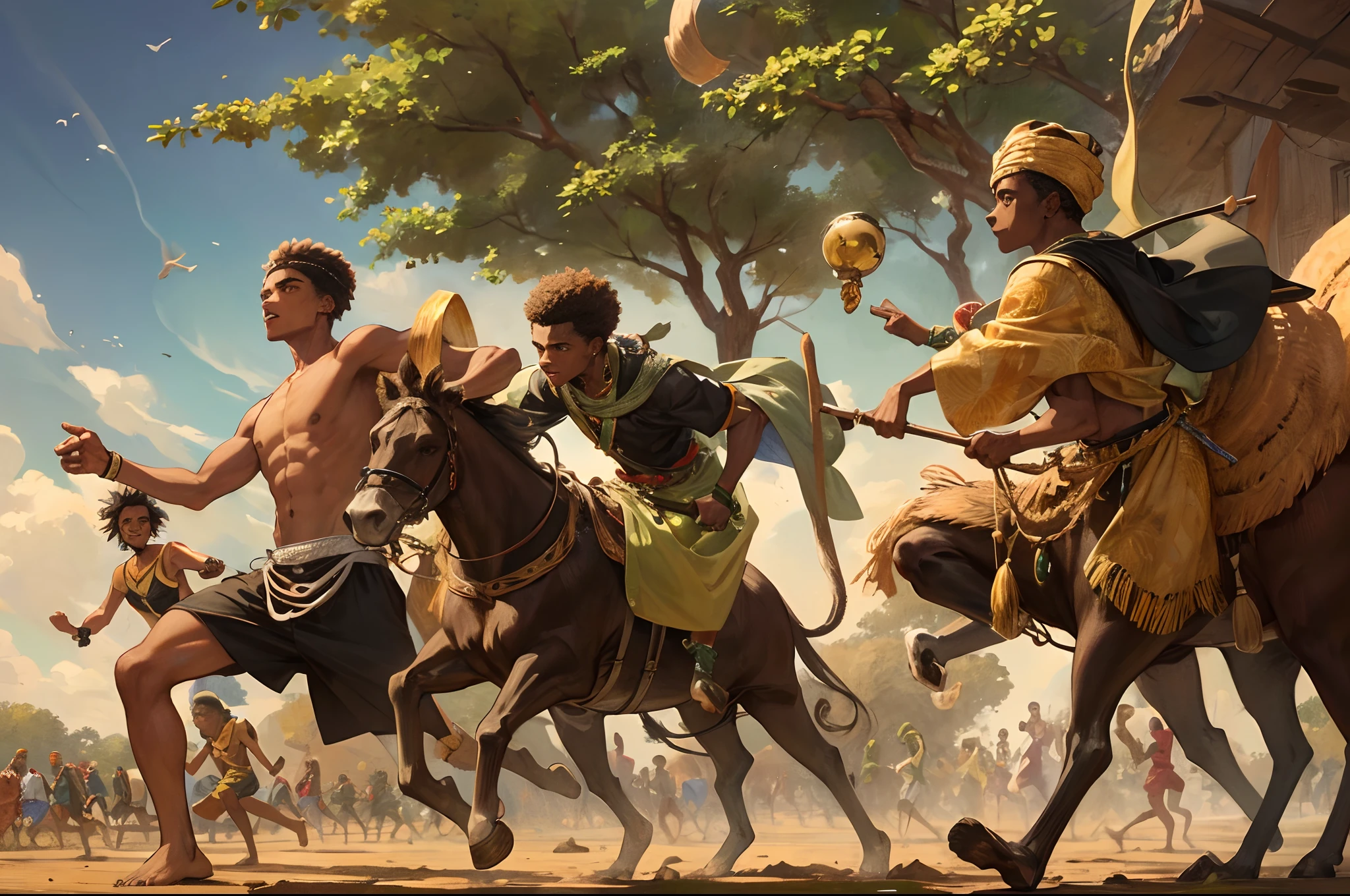 Homens negros e pobres, roubando ouro e prata de um reino africano muito antigo, Sharp and stunning images with a black crowd running with their treasures inside the ancient kingdom of Africa