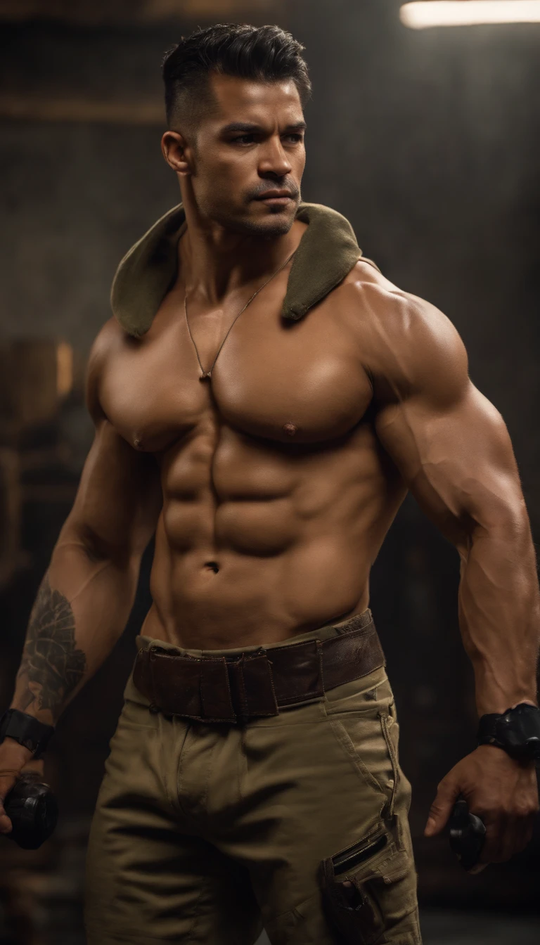 Cinematic soft lighting illuminates a stunningly detailed and ultra-realistic hyper muscular rough handsome Gabriel Reyes, ((wearing a open military light jacket with no sleeves)), revealing two large solid-black tribal tattoos that started at his chest and snaked around his arms, ((military pants)), chin dimple, Bara, the champion from League of Legends, with big arms,biceps, big waist round, meticulous muscle definition, big pecs, tan skin, that is trending on ArtStation. Octane is the perfect tool to capture the softest details of this 16k photography masterpiece