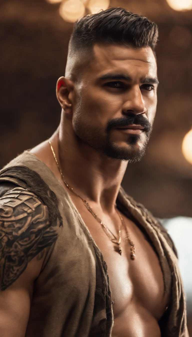Cinematic soft lighting illuminates a stunningly detailed and ultra-realistic hyper muscular rough handsome Gabriel Reyes, ((wearing a open military light jacket with no sleeves)), revealing two large solid-black tribal tattoos that started at his chest and snaked around his arms, ((military pants)), chin dimple, Bara, the champion from League of Legends, with big arms,biceps, big waist round, meticulous muscle definition, big pecs, tan skin, that is trending on ArtStation. Octane is the perfect tool to capture the softest details of this 16k photography masterpiece