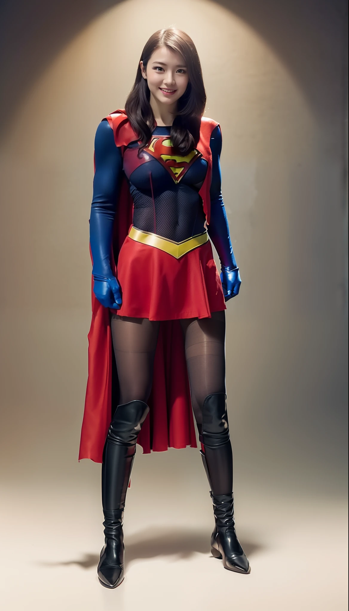 A hyper realistic, detailed mature woman 25 years old, black Hair, Cheveux Longs Ondulé , red lips, glasses,Supergirl Suit (skirt and tights), In battlefield, beautiful breasts, slim waist, hourglass figuure, black tights , handsome, absolutely stunning, looking seductively at the camera,