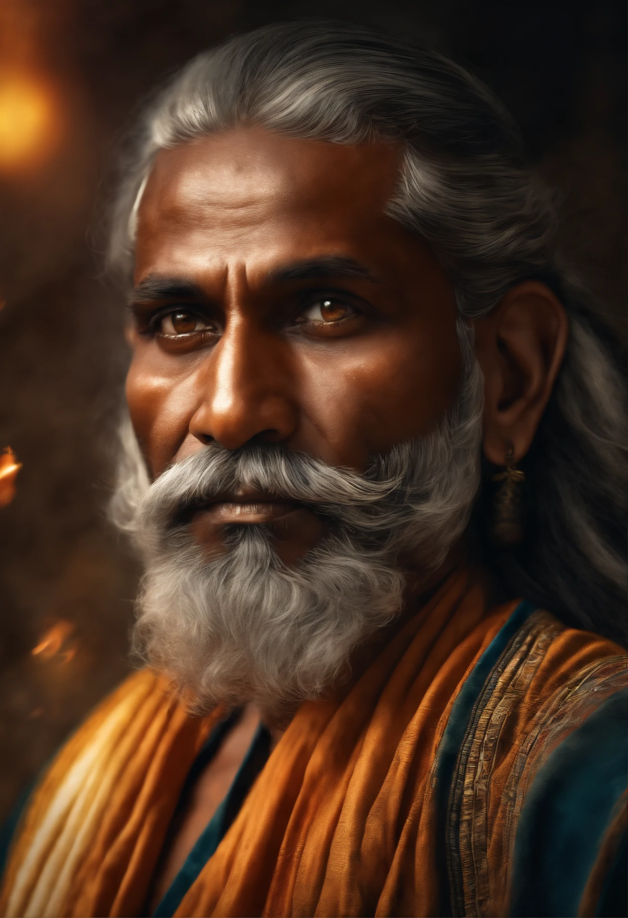 sparks, glossy, dust particles , 3D look, sunshine, feathers, HD, flowers,Glowing hair, glossy eyes,((ultra realistic:1.8)),((Best quality)), ((Masterpiece)),((Detailed)),RAW, (Upper body:1.3),"A person resembling an Indian bhagat, tribal priest, babaji, monk, adivasi with a beard, adivasi, aboriginal, he looks like mixers of australoid and negro race, indian aboriginal, indian, he has captured in a medium shot."
