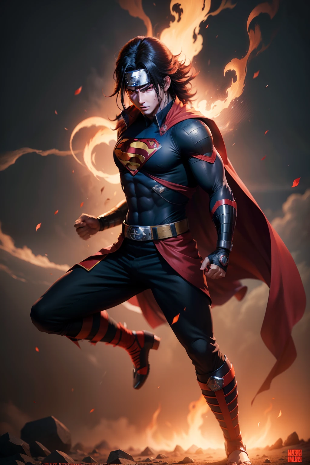 madara uchiha(naruto) x superman, full body, solo, male, realistic, detailed, perfect lighting, perfect shadow, perfect body, perfect picture, Super High Resolution, (Realism: 1.4), Original Photo, Best Quality, Masterpiece, Cinematic Experience