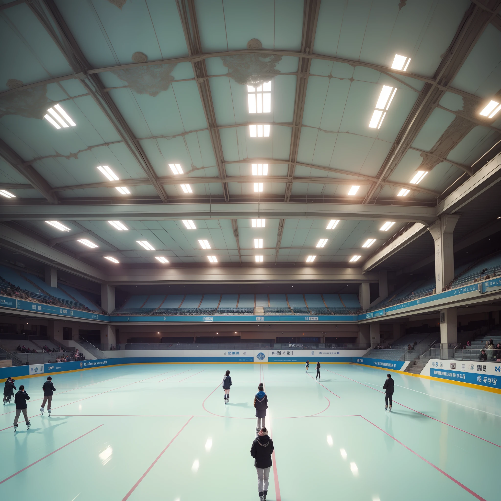 Landscape painting、Indoor skating rink、(Raw photography、top-quality)、(realisitic、Photorealsitic:1.3)、masterpiece、extremely delicate and beautiful、A highly detailed、nffsw、Unity、2k wallpaper、astonishing、finely detail、