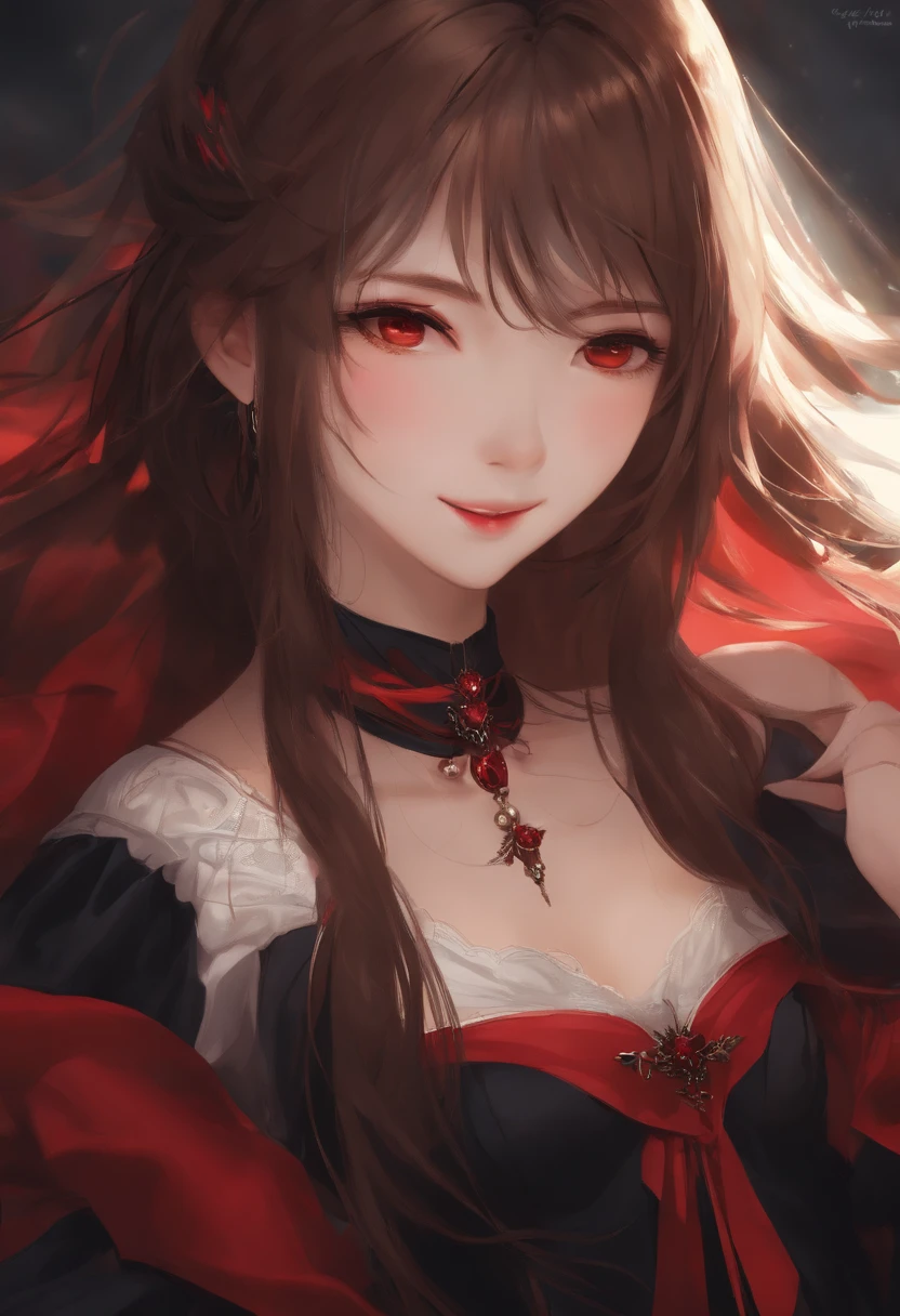 1girll, author:Chigahara, Smile, Long hair, Dark dress, Upper body, Red pendant