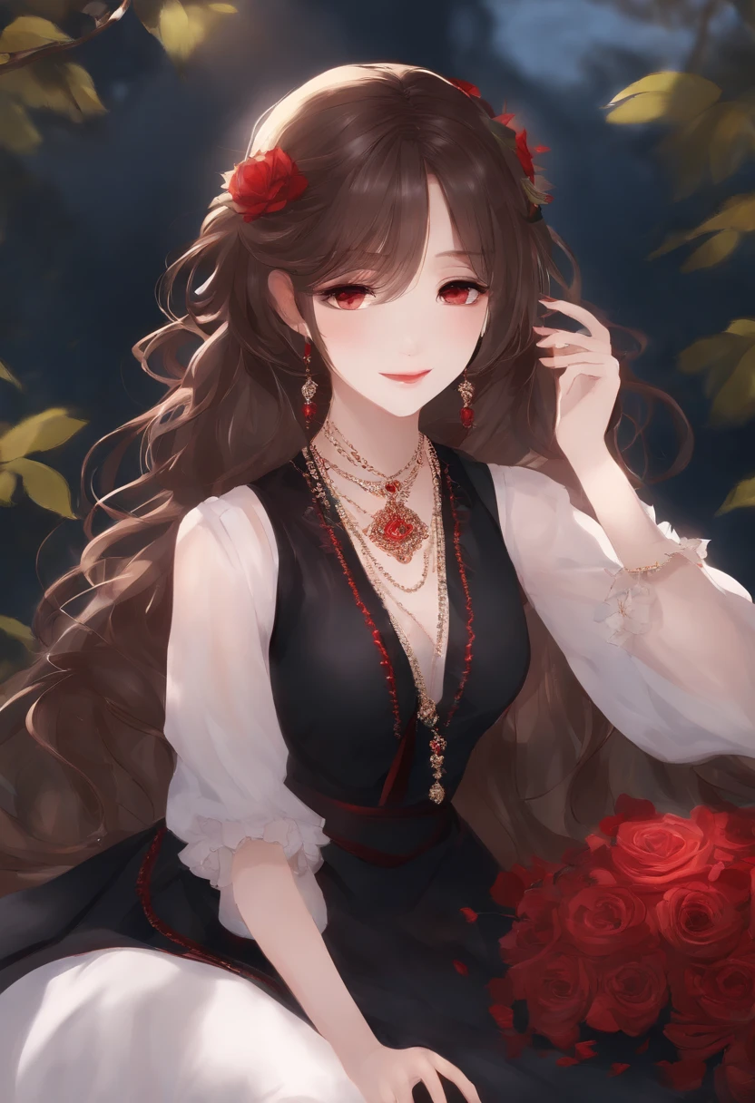 mayuzumi fuyuko, 1girl in, Solo, Black hair, hat, Jewelry, Long hair, Looking at Viewer, Bangs, earrings, Skirt, White background, Smile, Shirt, Simple background, Heart Earrings, Long sleeves, heart mark, black headwear, Black shirt, frilled choker, breasts, Brown eyes, Choker, Blunt bangs, Upper body, beret, medium breasts, Brown skirt, frilld, nail polish, bow ribbon, Red Nails, Closed mouth, Animal print, blush, frilly sleeves, Leopard print, Neck ribbon, own hands together
