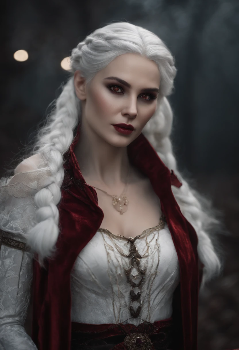 1 vampire adult woman with ((full body):1.5, ((light ((red:1)) eyes retina)), white hair with braids:1.3, pale-skinned), (alone), (black dress), masterpiece, 16k, UHD, best possible quality, ((best possible detail):1), best possible resolution, Unreal Engine 5, professional photography