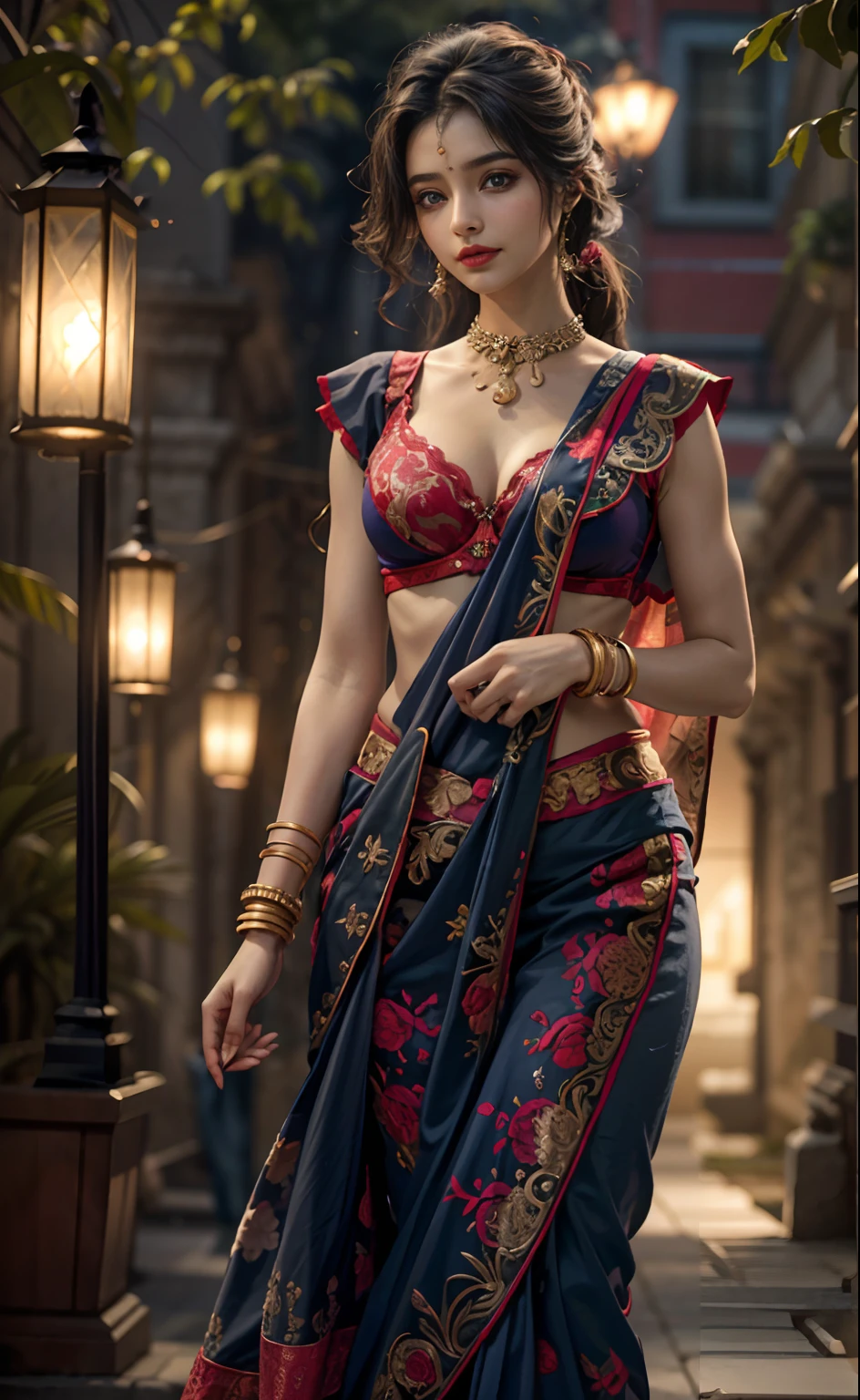 walking in a moonlit courtyard, exotic girl, indian, looking at the viewer, shining skin, perfect lighting, the embodiment of grace and elegance, (saree and bra), (Big Tits:1), clear curvy details, beautiful curves, detailed eyes, detailed pupil, volumetric lighting, Ultra Detailed, unity 8k wallpaper, ultra detailed, aesthetic, masterpiece, best quality, photo realistic