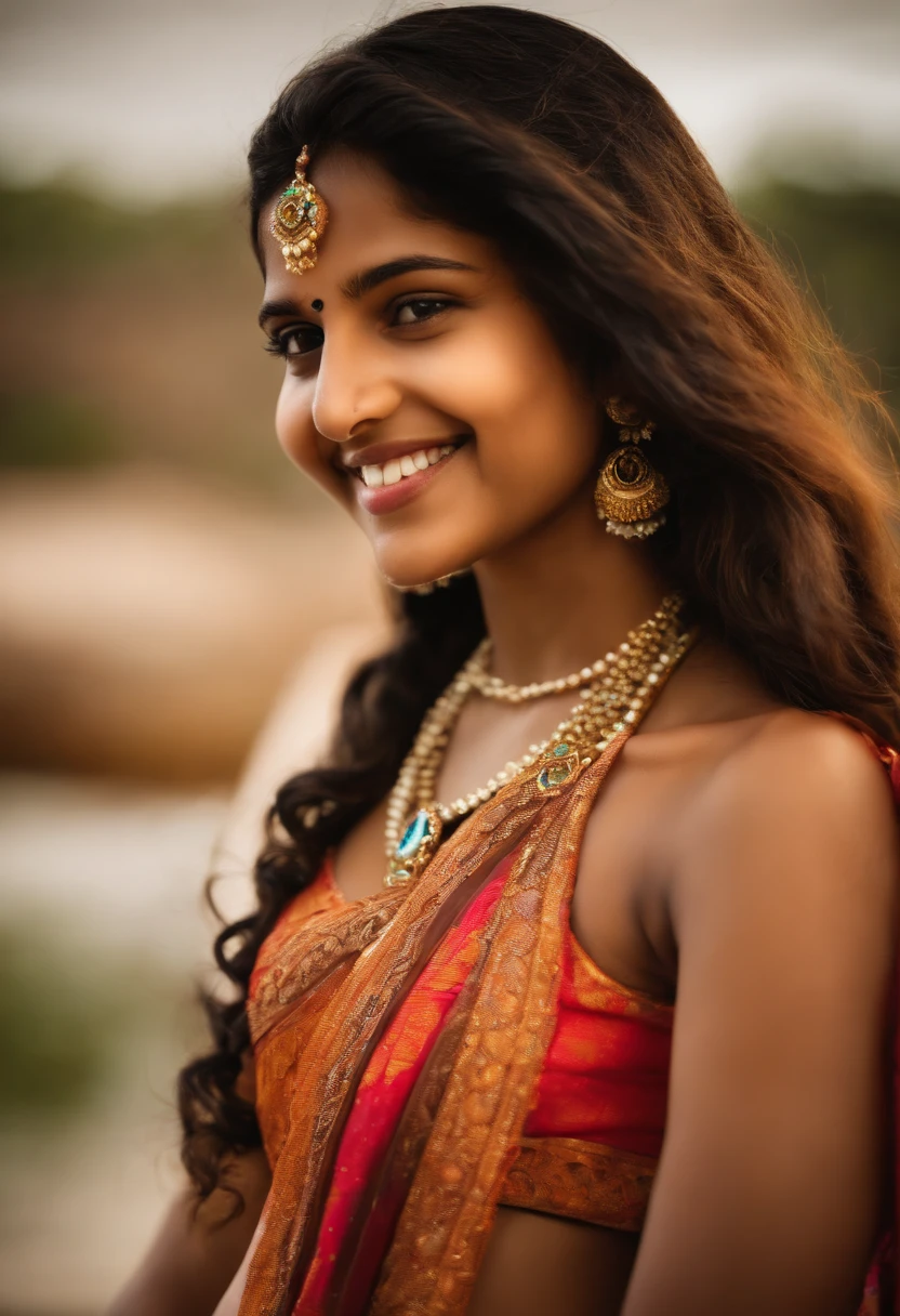 Beautiful naked Indian girl with small breasts smiling at viewer