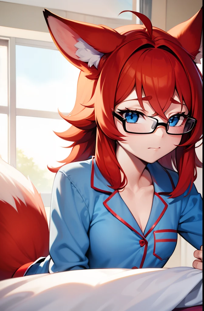 softly toned young adult, small breasts, short scruffy red hair, fox girl, pale blue eyes and black glasses, waking up, laying in bed wearing pajamas