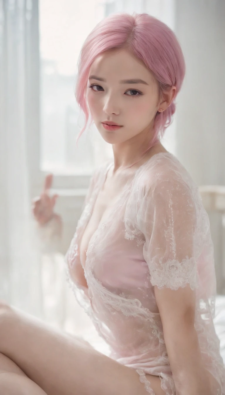 Girl from China,Scrawny,A pink-haired,see-through transparent clothes,Classroom,((( The chest is huge))),on the floor on all fours,extreme hight detail, Butt up,white short sleeve,Lingerie transparent,legs are open,Watching from behind