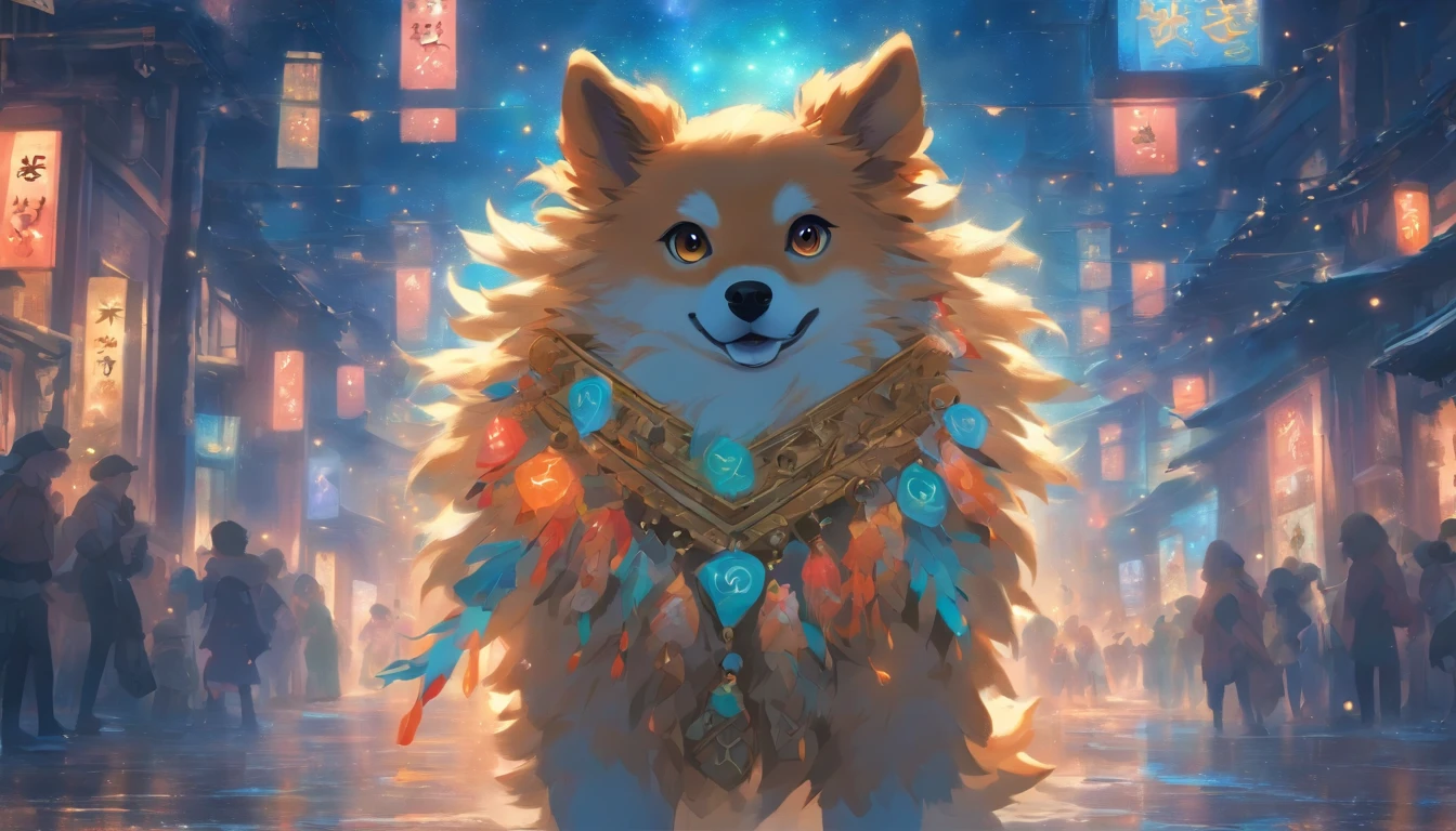Zodiac Dog Furry dog, ,Big eyes, Wear festive attire, Standing on the side of the street, Ancient style, Artistic touch,Snes painting
