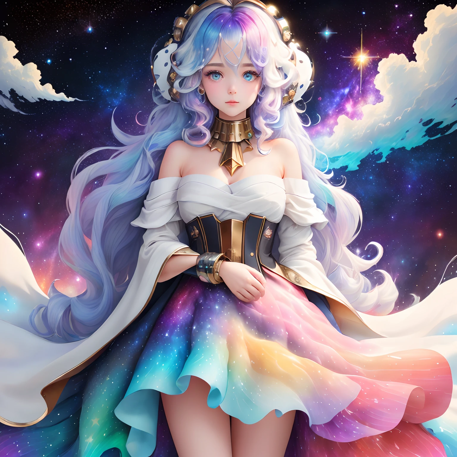 ((​masterpiece)), (((top-quality))), ((ultra-detailliert)), ((illustratio)),[Realism Light Effect],shadowy,(fantasy-style),(White background:1.6), simple background, (Earth theme),(cloaks)[(Hair Focus,((1girl in)),middlebreasts],[(Big slime hair): (Cloud Hair):0.3], (Background Hair),(a high chroma),(Hair surrounded by galactic splashes),)):((Her hair is becoming a galactic cloud,:1.27628), (Hair and clothes are galactic clouds and star clusters:1.1025),(Cloak is becoming a galactic cloud)(Colorful_Galaxy_print_cluster_in the_Stars_print:1.35),((Detailed starry sky with colorful galaxies and galactic clouds):1.2)):0.35], (((​masterpiece))),(((top-quality))),((ultra-detailliert)),(illustratio),(dynamic ungle),((float)),(paint),((dishevled hair)),((Beautiful Detail Face)),collars,bare shoulders​, ((colourful hair)),((striated hair)),beatiful detailed eyes,(Gradient color eyes),((Colorful eyes))),(((colorful backdrop))),(saturated))),(((Surrounded by)colorful water splash)))、((Surrounded by colorful dots)))、colorful bubble、((Shines))、