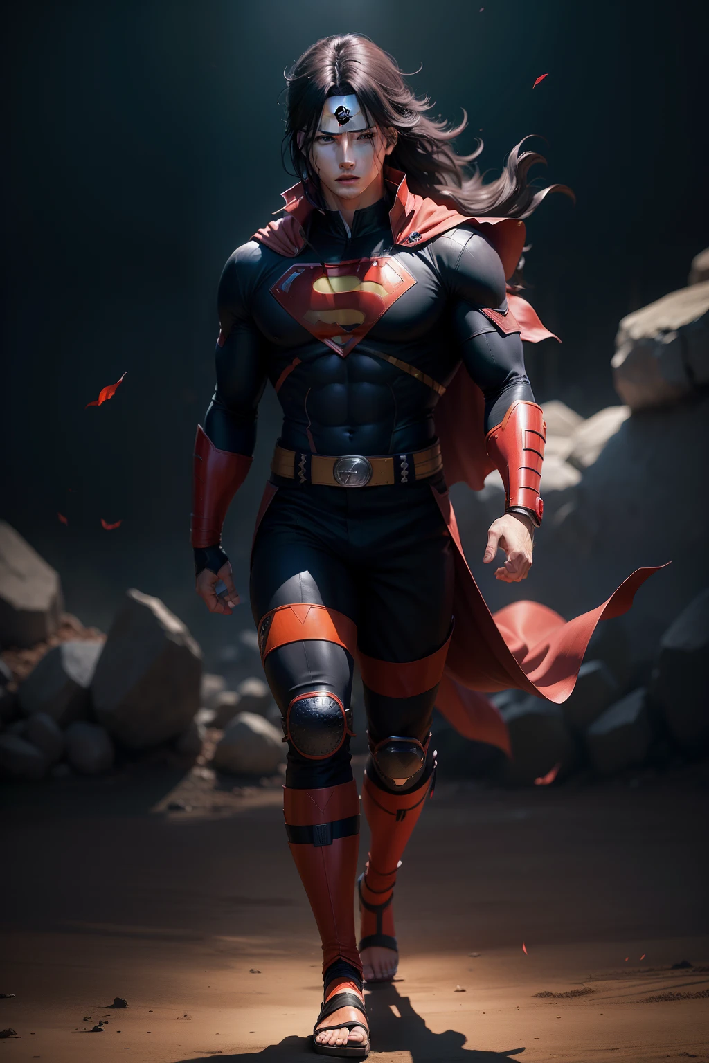 madara uchiha(naruto) x superman, full body, solo, male, realistic, detailed, perfect lighting, perfect shadow, perfect body, perfect picture, Super High Resolution, (Realism: 1.4), Original Photo, Best Quality, Masterpiece, Cinematic Experience