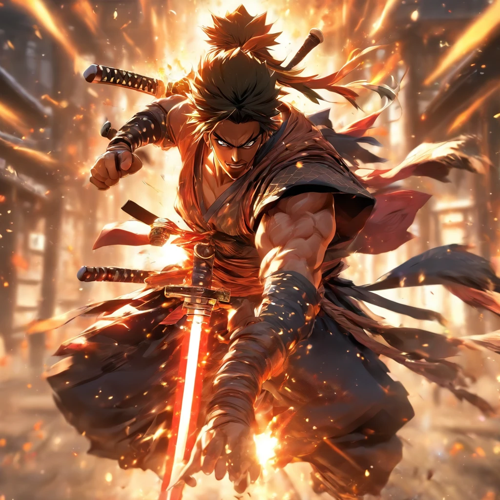 A swordsman, wielding two samurai style, action pose, realistic, unreal engine, splash effect, motion effect, lens flare effect,