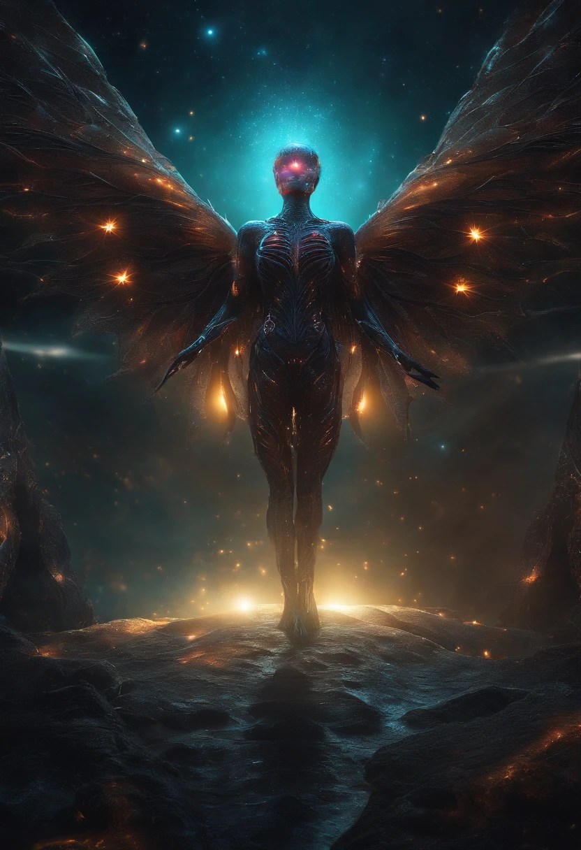 Fallen Angels of the Universe, glowing light eyes, biomechanical, eery, creepy, nightmarish, Very bright colors, light Particle, with light glowing, Musif, Wallpaper Art, UHD Wallpapers