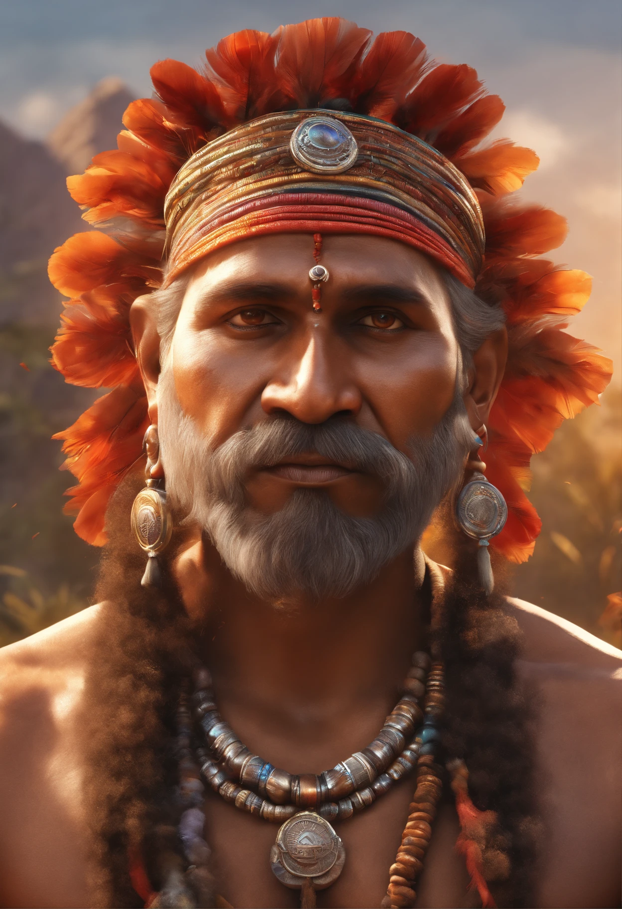 sparks, glossy, dust particles , 3D look, sunshine, feathers, HD, flowers,Glowing hair, glossy eyes,((ultra realistic:1.8)),((Best quality)), ((Masterpiece)),((Detailed)),RAW, (Upper body:1.3),"A person resembling an Indian bhagat, tribal priest, babaji, monk, adivasi with a beard, adivasi, aboriginal, he looks like mixers of australoid and negro race, indian aboriginal, indian, he has captured in a medium shot."