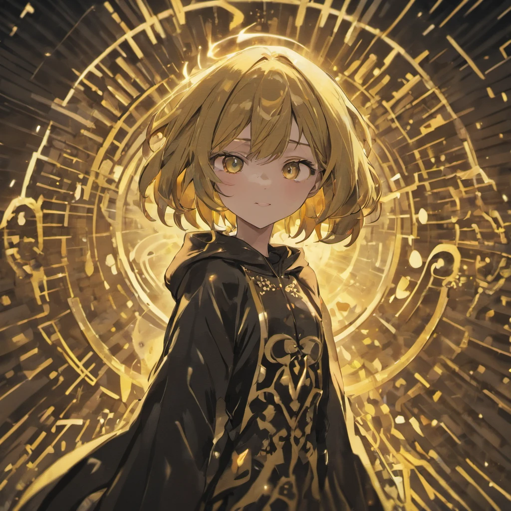 Concept art of a computer game character, blackandgold, in two projections, An sorcerer woman in a black hooded suit, , flirtatious smile, glowing blue background, Simple black lines, simplified