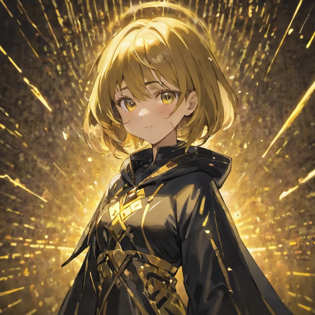 Concept art of a computer game character, blackandgold, in two projections, An sorcerer woman in a black hooded suit, , flirtatious smile, glowing blue background, Simple black lines, simplified