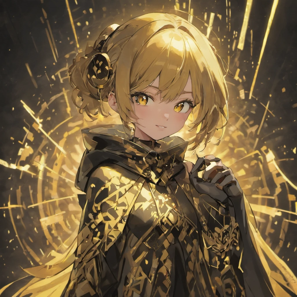 Concept art of a computer game character, blackandgold, in two projections, An sorcerer woman in a black hooded suit, , flirtatious smile, glowing blue background, Simple black lines, simplified