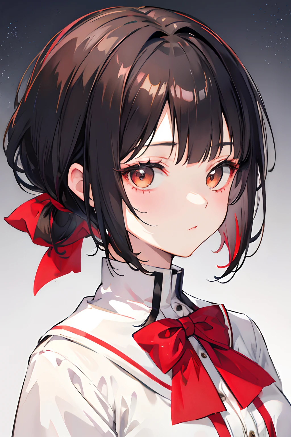 Short hair, short flying bangs, ponytail, red bow , black hair, BROWN eyes, cold girl, cool girl, high school girl, royal, portrait, aristocratic clothes, peaceful girl