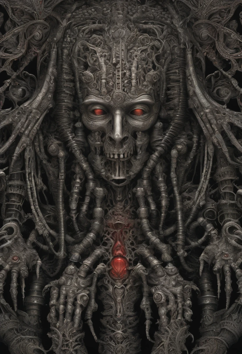 (masterpiece, best quality: 1.2), ultra detailed, highest detail, (body horror: 1.4), (biomachine: 1.3), (bloody: 1.2), living being, (colorful: -1.0), satanic, (machine: 1.3), Hans Giger, many hands, (zentangle: 1.2), black petroleum color scheme