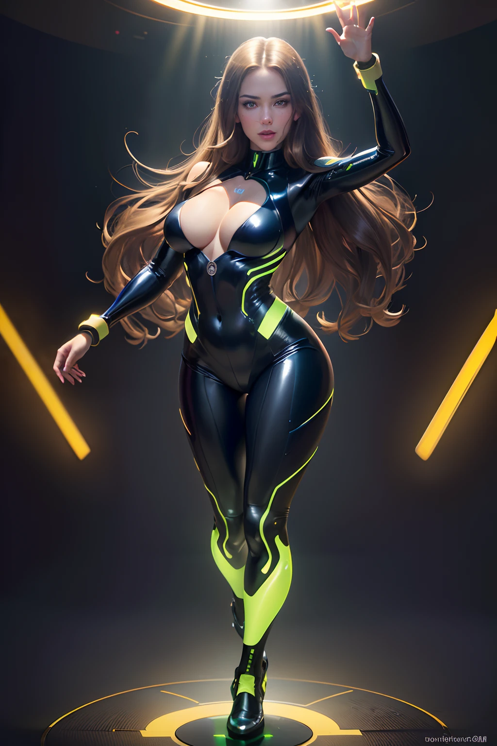 full body, zoom out, brunette, woman, brown hair with golden highlights, fit body, straight hair,beautiful face, good body, with face smiling, strech suit of black latex,shows cleavage, in the control center of the space navy with digital lights and buttons of colors, intrincated details of tecnology. photorealistic, dramatic lighting, very detailed, full body, very buttons colors(green, blue, red, yellow), reflections lights in cam, HDR style. (don't match colors)