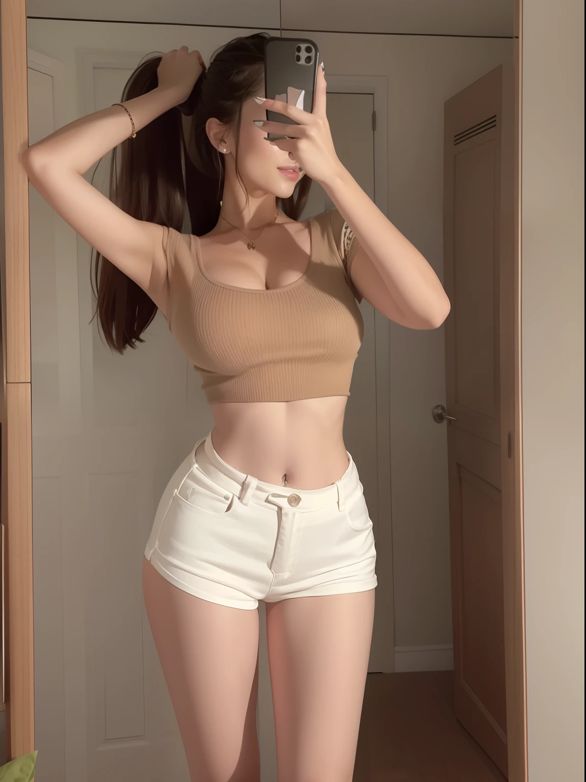 Ruff woman taking a selfie with her phone in the mirror, photo of slim girl, skinny waist and thick hips, wearing tight simple clothes, photo of slim girl model, fit dainty figure, 2 4 year old female model, Thin waist, Her navel was exposed, sexy girl wearing shorts, wearing sexy cropped top, big breasts thin waist
