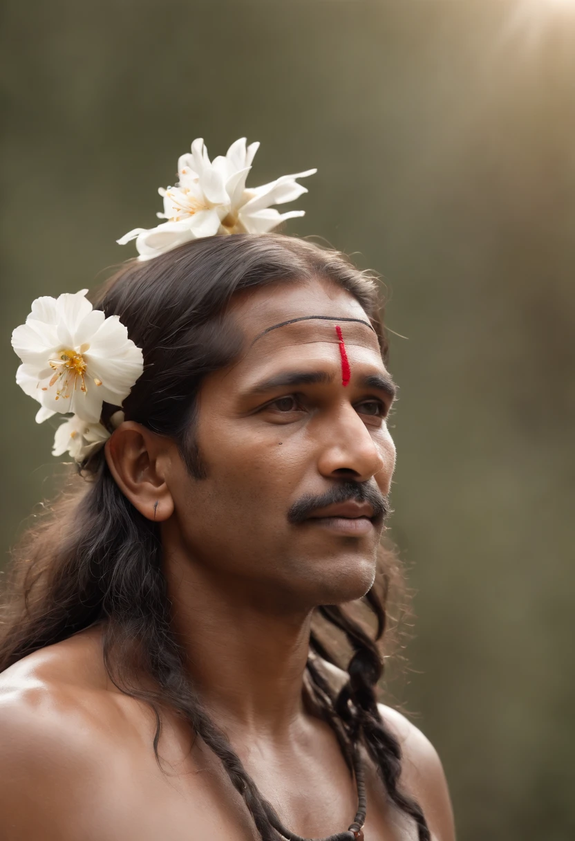 sparks, glossy, dust particles , 3D look, sunshine, feathers, HD, flowers,Glowing hair, glossy eyes,((ultra realistic:1.8)),((Best quality)), ((Masterpiece)),((Detailed)),RAW, (Upper body:1.3),"A person resembling an Indian bhagat, tribal priest, babaji, monk, adivasi with a beard, adivasi, aboriginal, he looks like mixers of australoid and negro race, indian aboriginal, indian, he has captured in a medium shot."