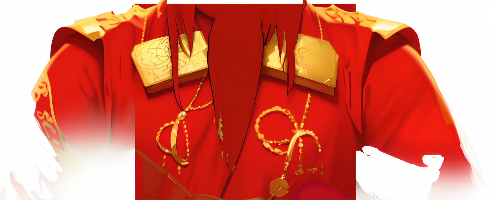 There is a red dress,Golden embellishments and a flower, wearing gilded red robes, wearing gilded red royal robes, royal attire akira, robes with golden characters, Red robes, wearing red attire, crimson attire, red and gold sumptuous garb, in red robes, fully clothed in red robes, Red and gold, Red and gold cloth, red and golden color details