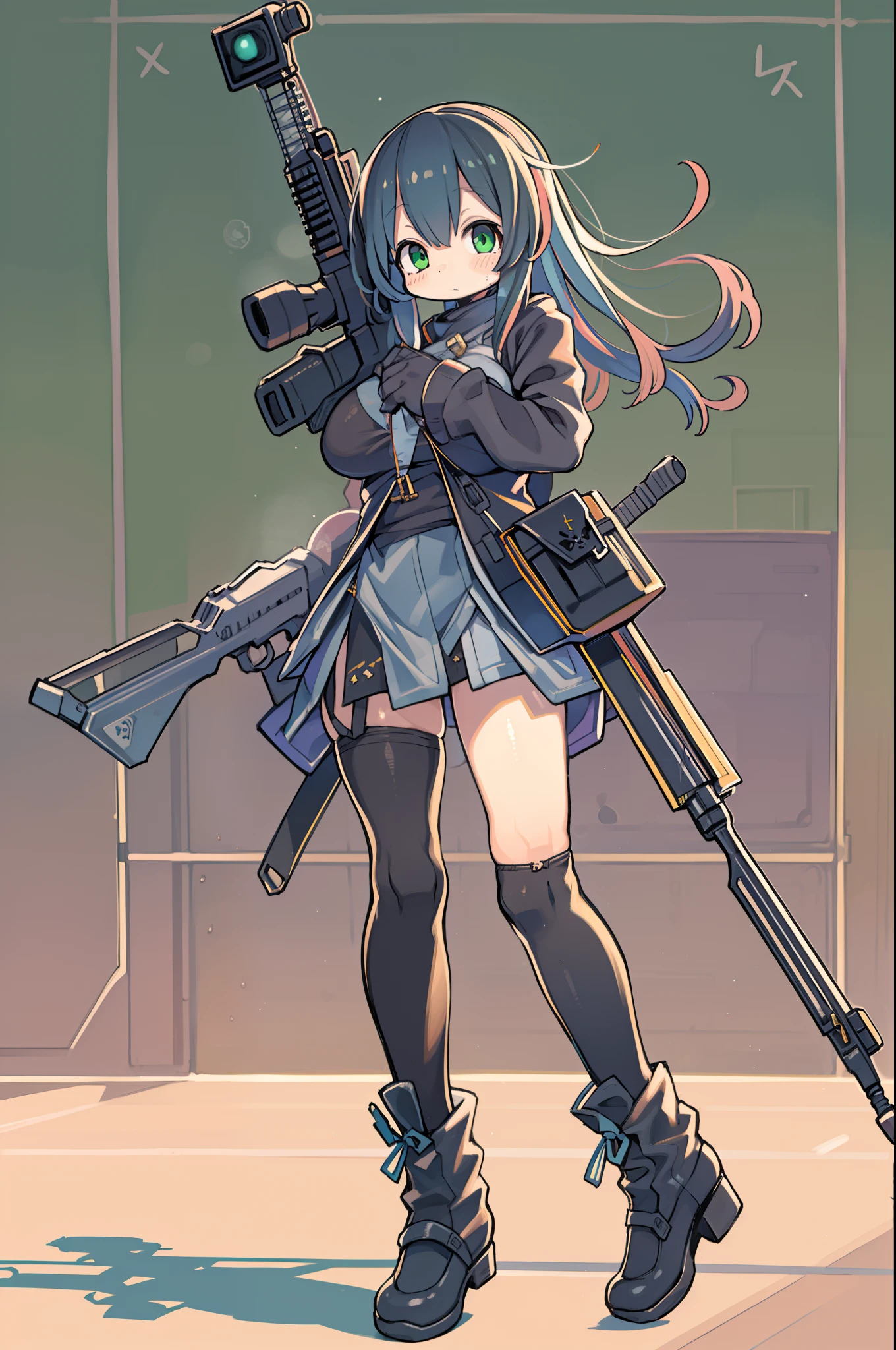 Hold a giant sniper rifle、Long sideburns、Anime-style girl with beautiful whole body,  Girl,clean detailed faces, ciber,analogous colors, Glowing shadows, beautiful gradients, depth of fields, CLEAN IMAGE, High quality,Black Parker Clothing、 high detailing, High Definition, blush, Fit, Heavenly Beauty, Very detailed, Soft lighting, Full body,Green＆Black hair,Green eyes、Overhead view、look down from above