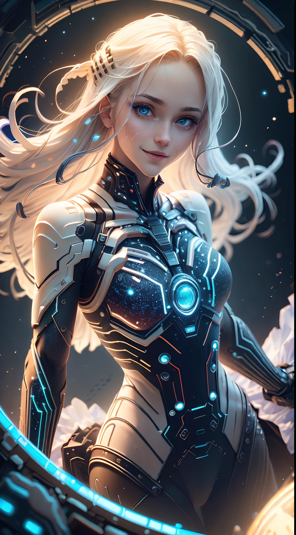 Best quality, Masterpiece,White hair, Big blue eyes，ssmile, Upper body,1girll, Flowing hair，Depth of field starry sky effect，rendering by octane，The metal lines are perfect，light particules，neon-light-effect