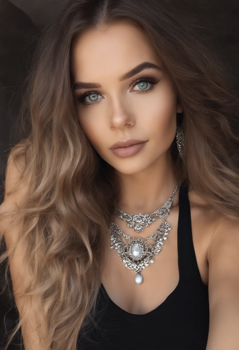 Arafed woman with a white tank top and necklace, fille sexy aux yeux verts, Portrait Sophie Mudd, cheveux bruns et grands yeux, selfie of a young woman, Yeux de chambre, Violet Myers, sans maquillage, maquillage naturel, looking straight at camera, Visage avec Artgram, Maquillage subtil, stunning closeupheadshot, piercing green eyes